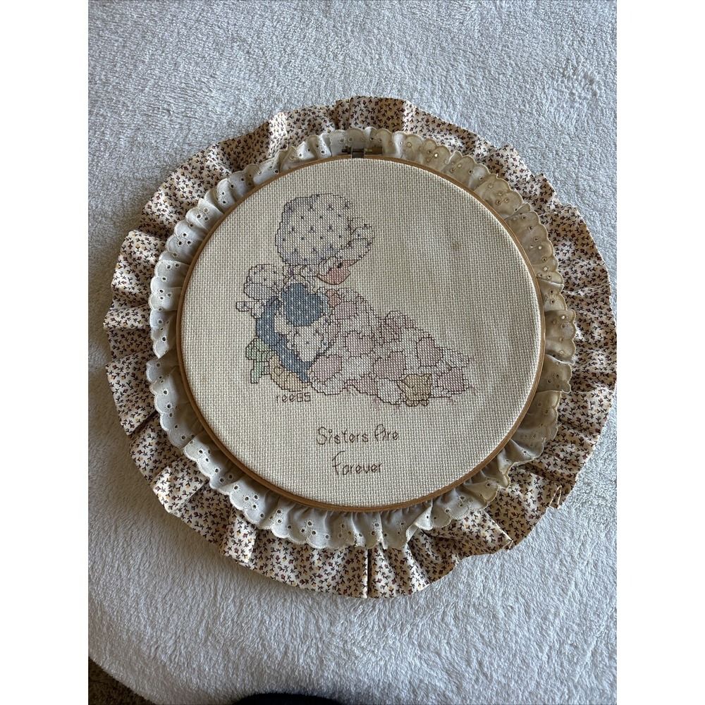 Handmade 'Sisters Are Forever' Cross-Stitch Wall Decor in Cream and Blue